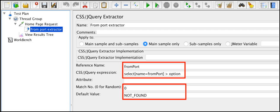 jmeter, css/jquery extractor, departure cities