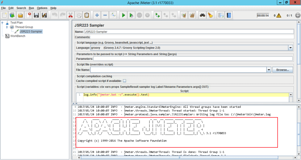 Here is an example of executing the jmeter -v command and printing the output to the jmeter.log file