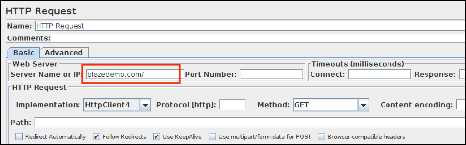 configuring the http request on jmeter
