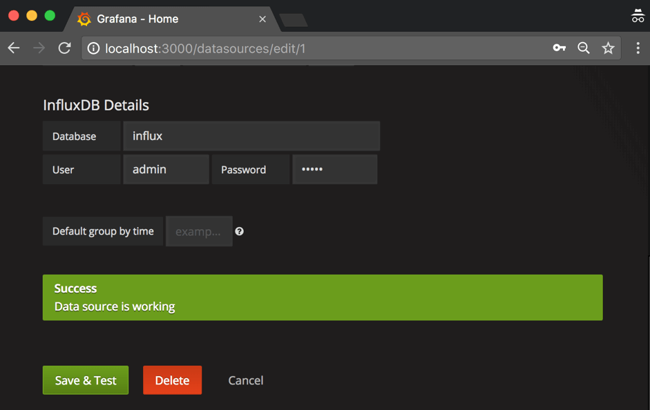 Docker, Grafana, and InfluxDB environment successfully set