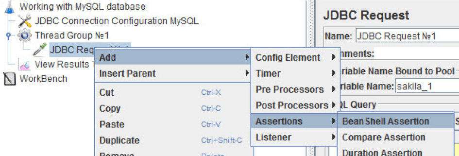 Add the BeanShell Assertion element as a child element to the JDBC Request element