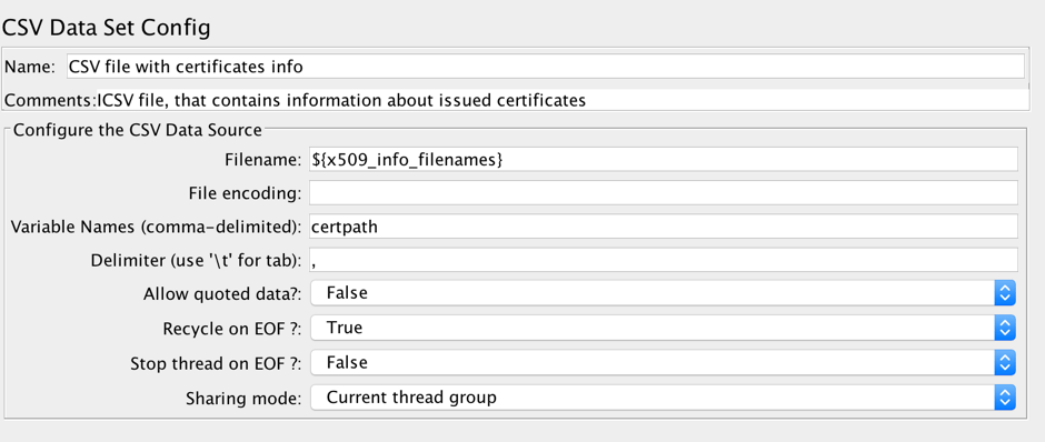 A screenshot of the CSV Data Set Config.