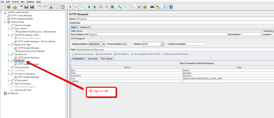 The OP makes the authorization request and if it succeeds the user becomes authorized in the RP. On JMeter this is added through a HTTP Request that submits the login details.