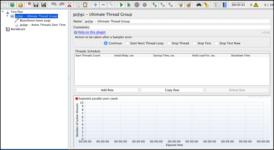 ‘BlazeDemo home page’ request sampler and ‘Active Threads Over Time’ listener in 'Ultimate Thread Group'