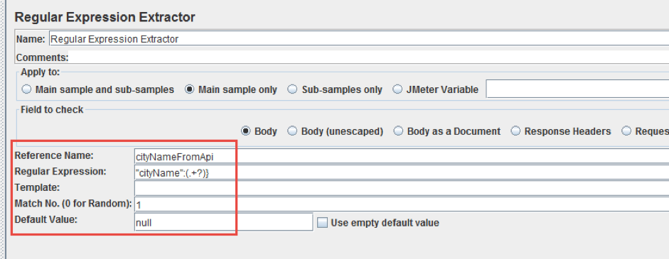 fill in specifications in Regular Expression Extractor