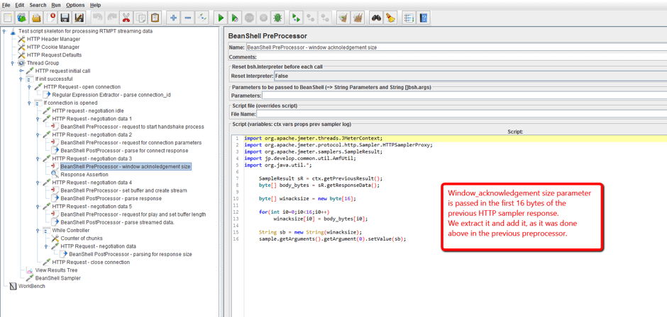 In JMeter, add a HTTP sampler for this ‘send’ command, as done for the previous ones, and set the sampler path field to /send/connection_id/3. The BeanShell preprocessor for this sampler is shown on the screenshot below: