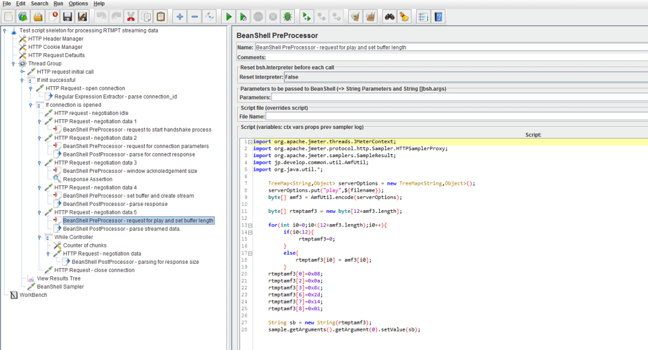 Add a BeanShell PreProcessor as a child element to pass the AMF encoded file name and buffer length parameters to the body of the HTTP request.