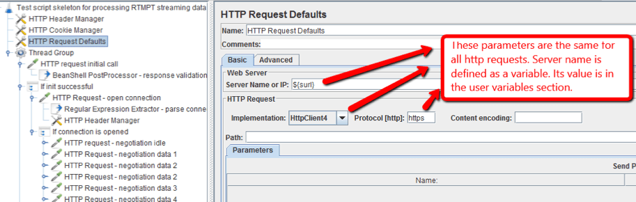 In JMeter, add a HTTP Request Defaults config element to the script and define parameters. These parameters should be the same for all HTTP requests: server name, implementation and protocol type.