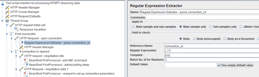 In JMeter, add the child Regexp PostProcessor component to the sampler. This will extract the connection ID from the response and save it in the JMeter variable.