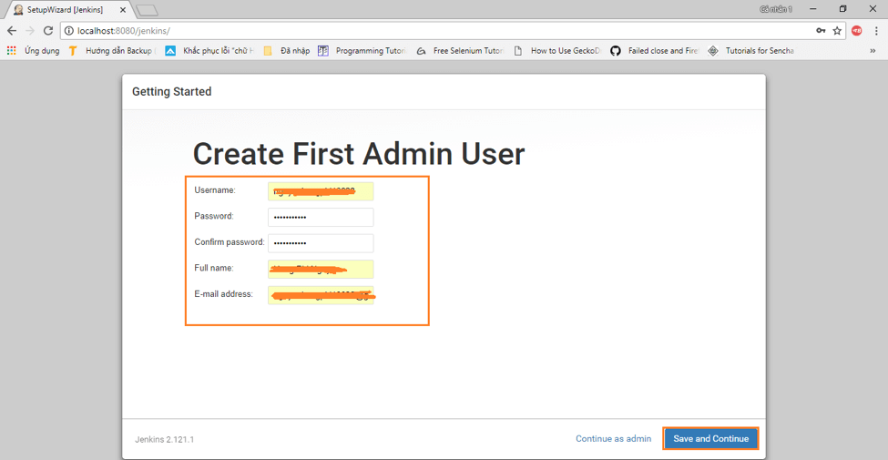 A screenshot of creating your first admin user in Jenkins.