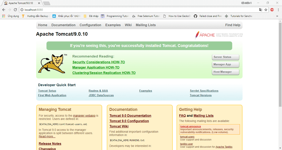 A screenshot of the Apache Tomcat 9.0.10 website.