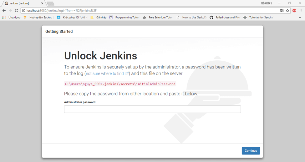 A screenshot of how to unlock Jenkins when you launch it.