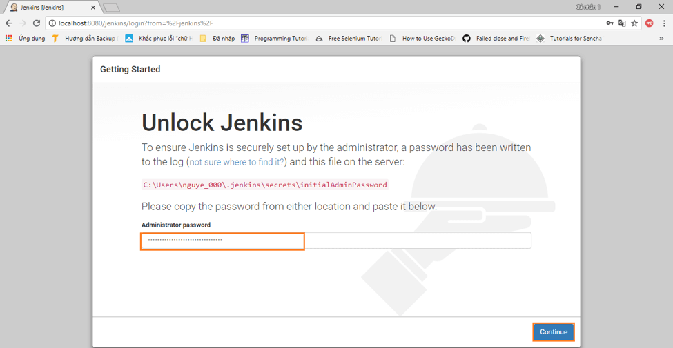 A screenshot of where to enter your password in the Jenkins startup.