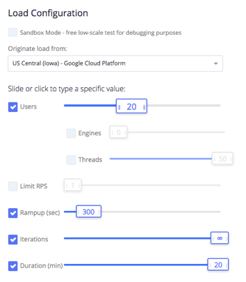 Load configuration screen for API performance testing