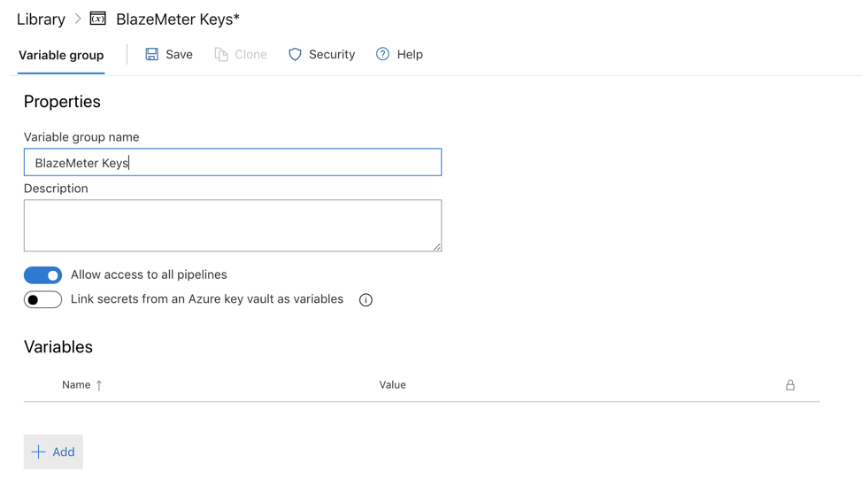 Adding "BlazeMeter Keys" variable group name to Azure DevOps