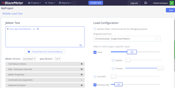 A screenshot of a mobile app load test configured with JMeter and BlazeMeter.