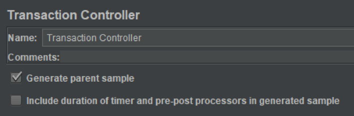 A screenshot of the JMeter Transaction Controller where you can select a box to generate parent sample.