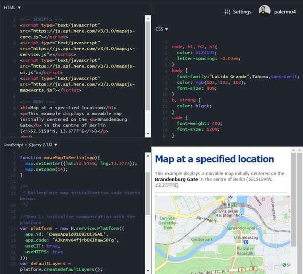 "Map at a specified location" example code within JSFiddle editor