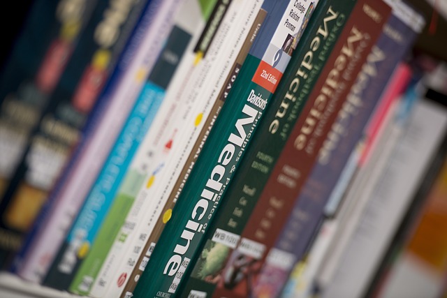 Photo shows spines of medical books close-up