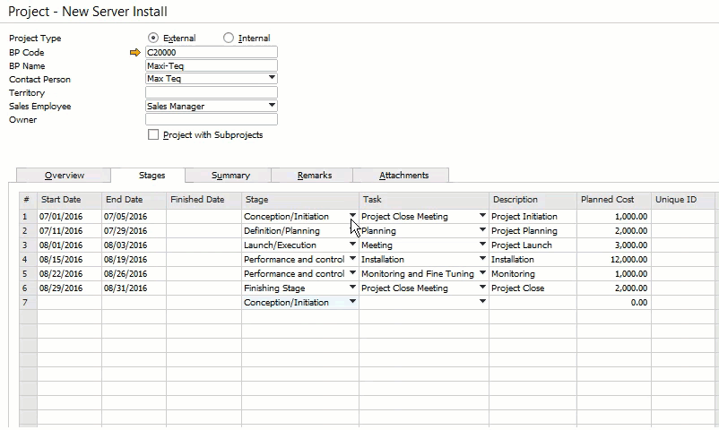 Define and set the stages in your project in SAP Business One Cloud ERP Software on the Stellar One Cloud Platform