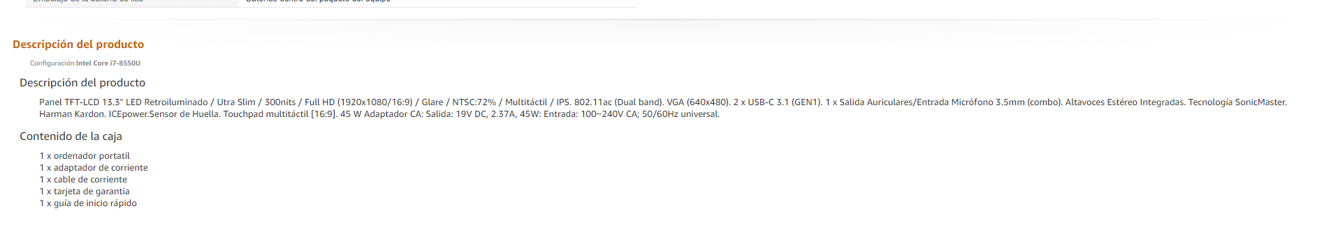 Ejemplo de la descripción de producto en Amazon