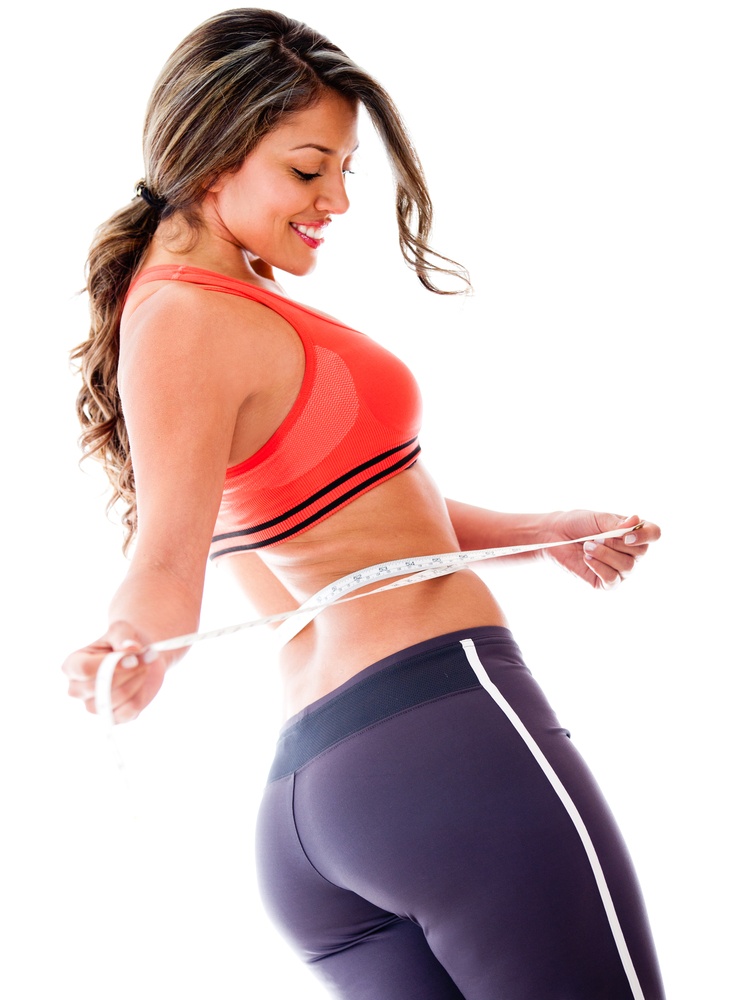 Woman taking body measurements - isolated over a white background