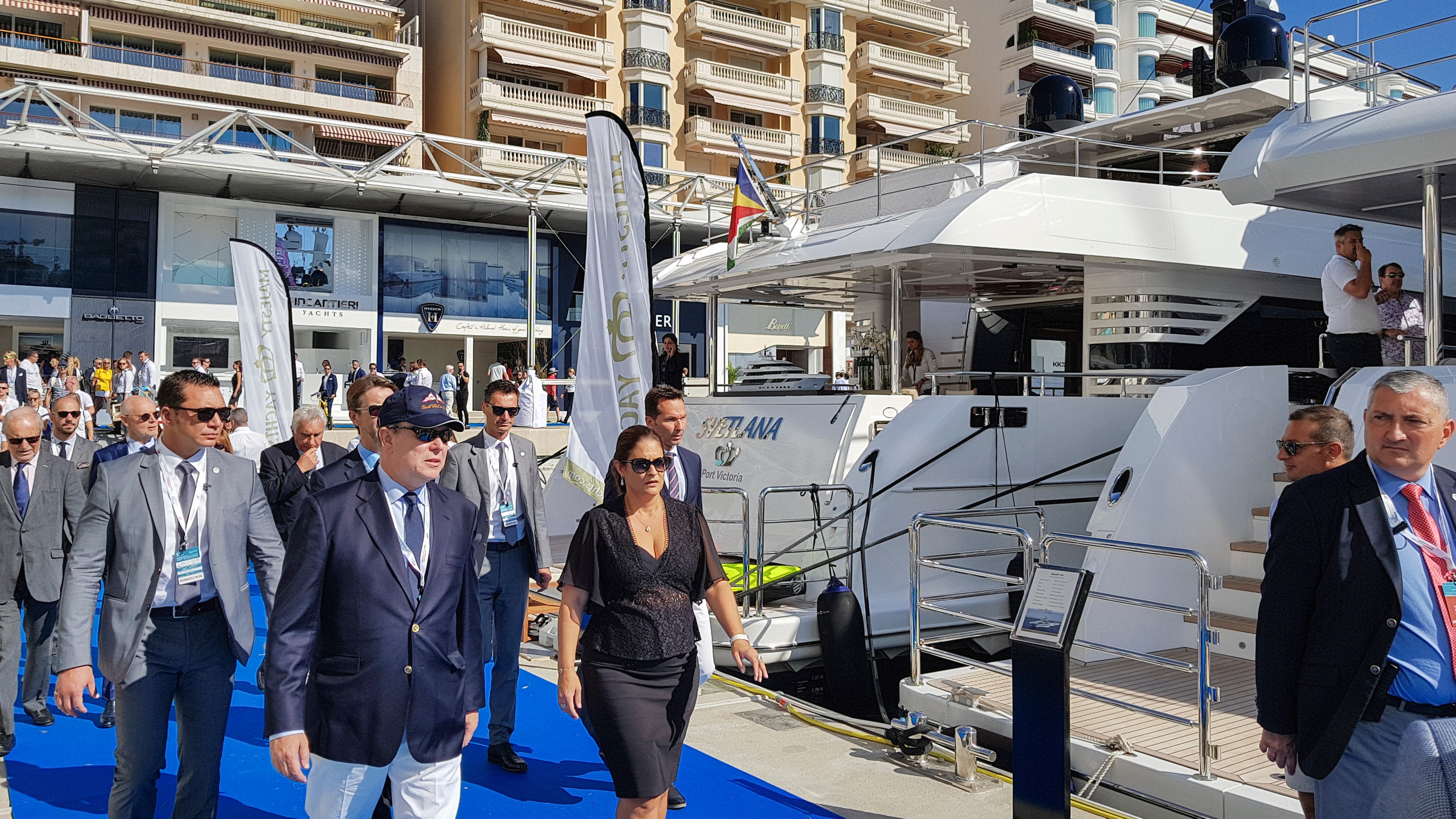 HRH Prince Albert II as he passes by Gulf Craft's superyachts in Monaco Yacht Show 2018