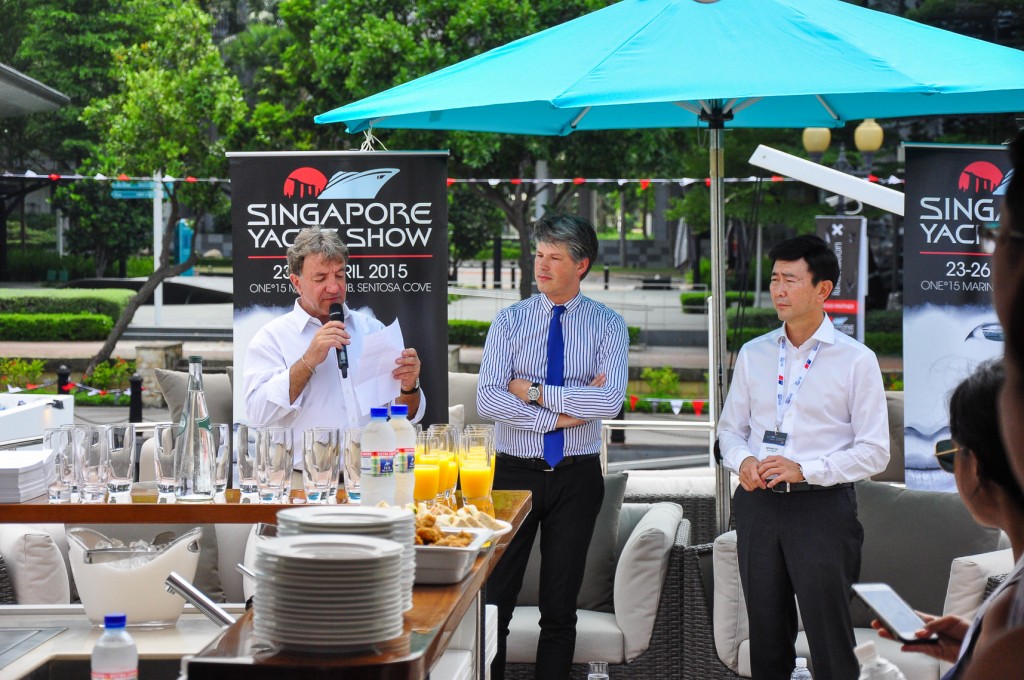 Andy Treadwell, Managing Director of the Singapore Yacht Show, Erwin Bamps, Chief Executive Officer of Gulf Craft and Arthur Tay, Executive Chairman of One 15 Marina during the press conference on the Majesty 105.