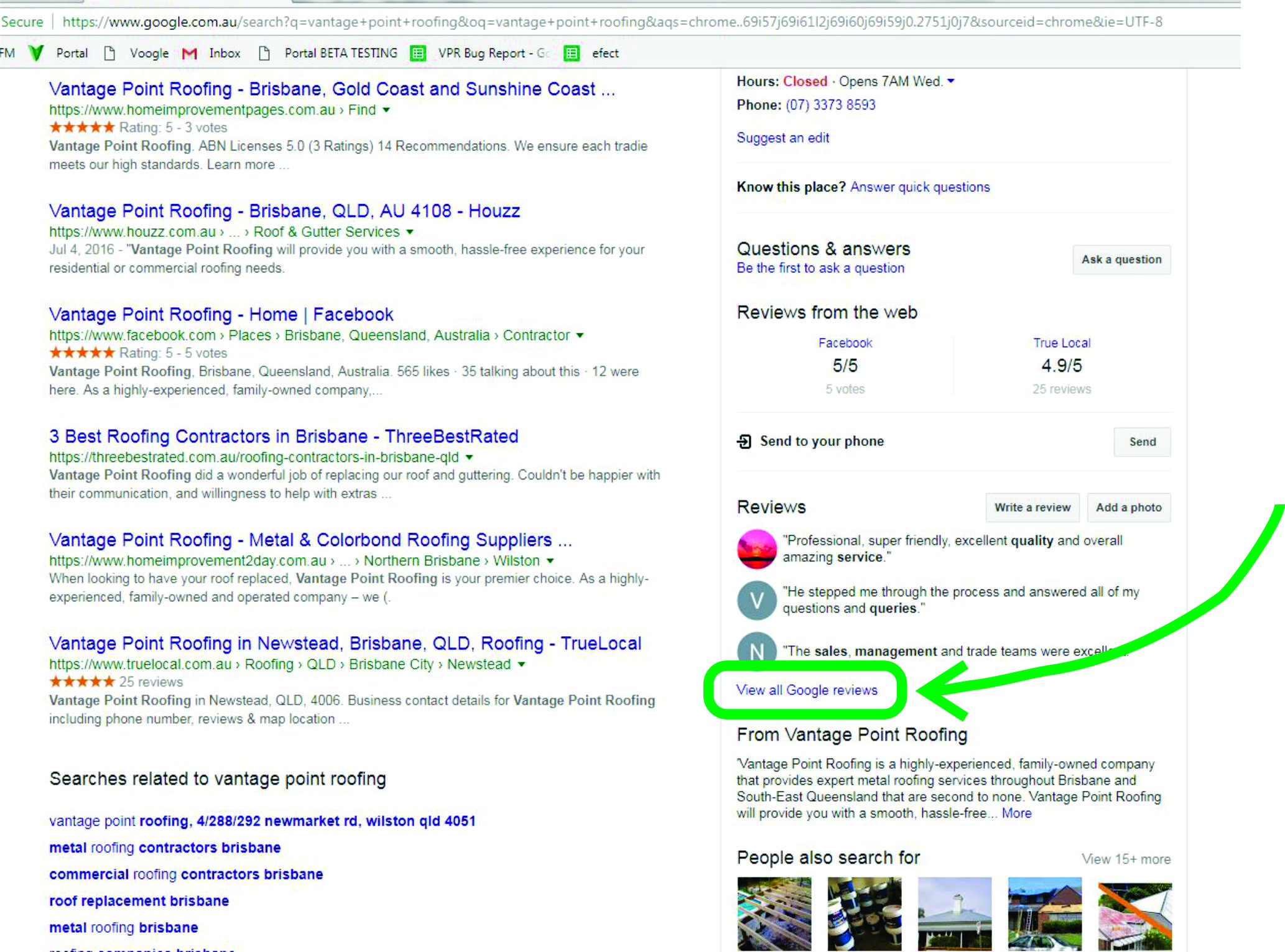 Screenshot of Vantage Point Roofing Google listing