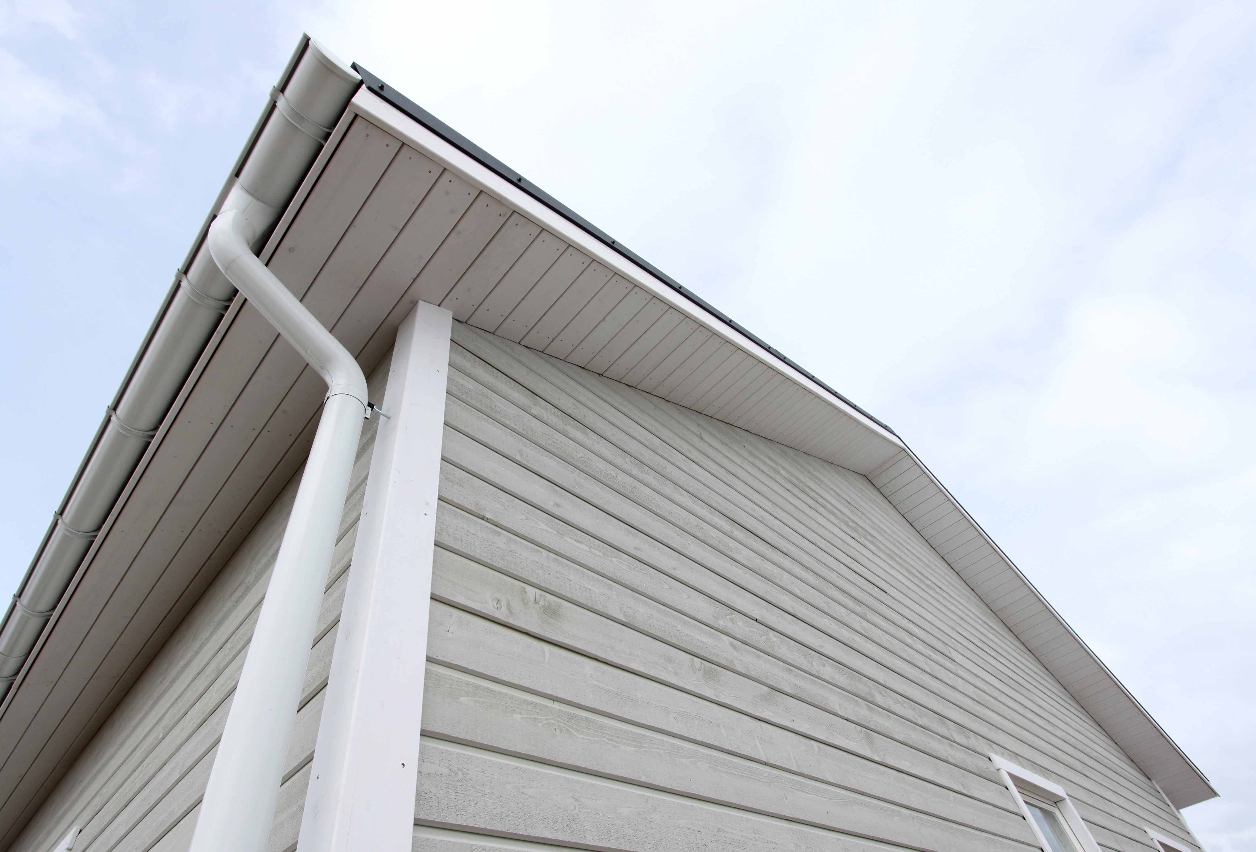 View of building looking to underside of gutters