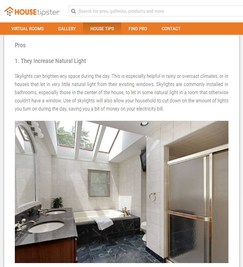 Screenshot from article on HOUSEtipster blog - skylights in bathroom.