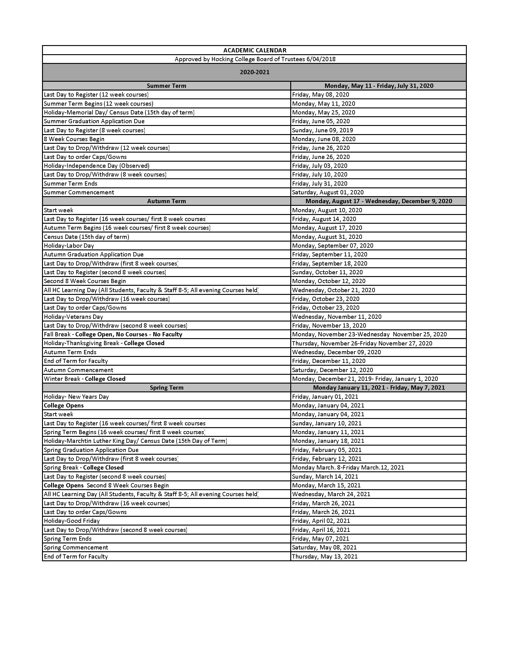 Academic Calendar