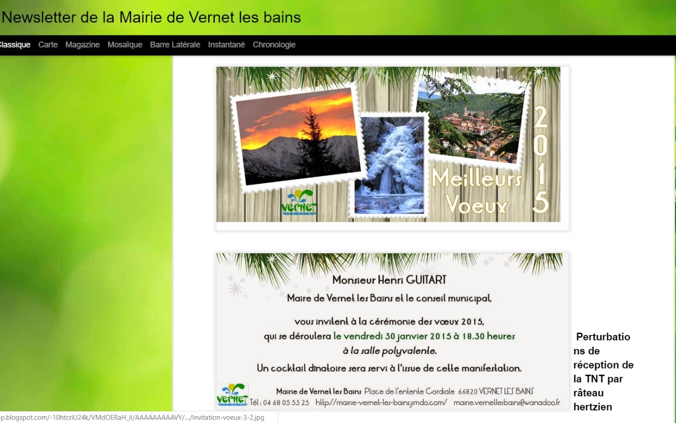 Newsletter pour les voeux du maire de la mairie de Vernet-les-Bains en 2015.