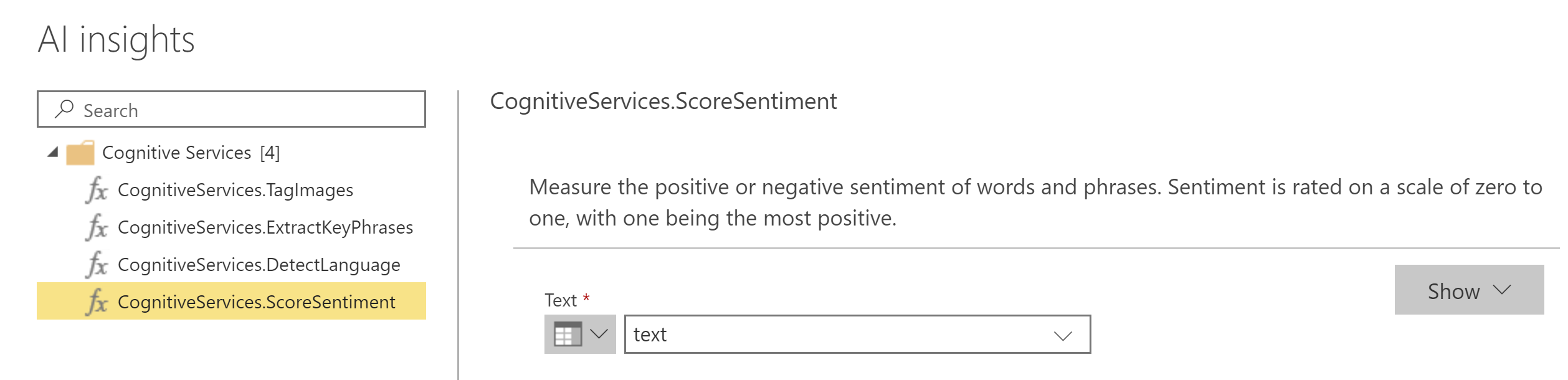 Power BI AI Insights - Score Sentiment