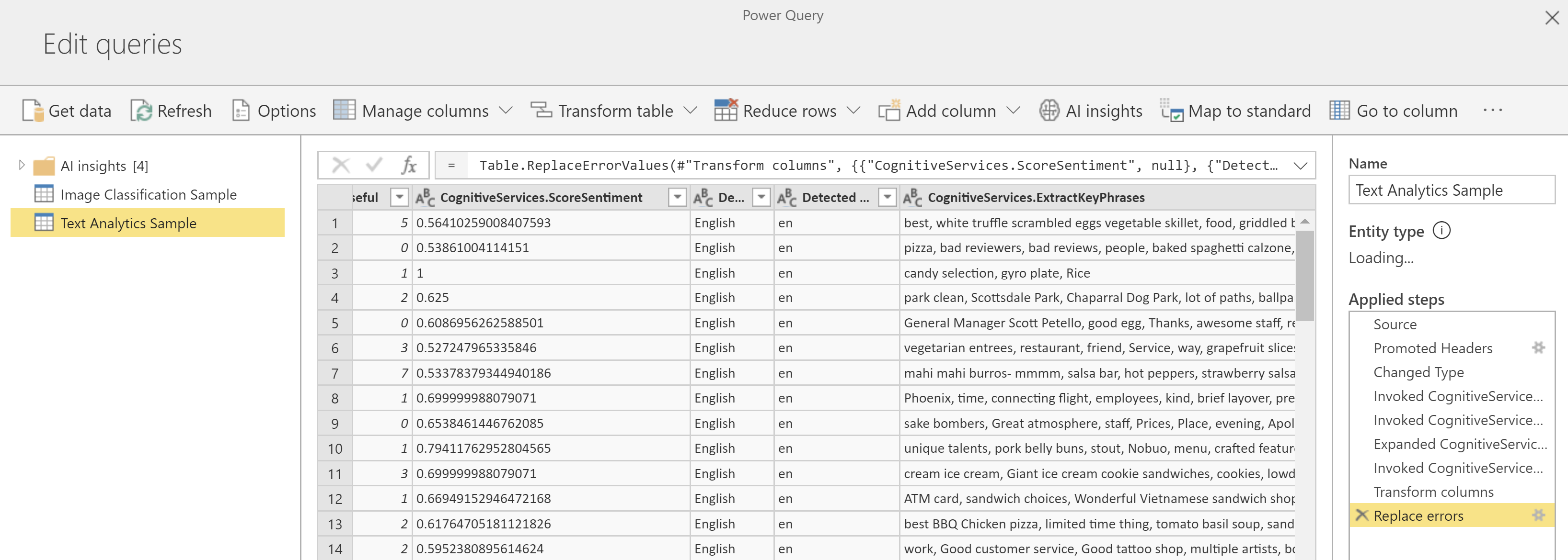 Power BI AI Insights - Text Analytics Results