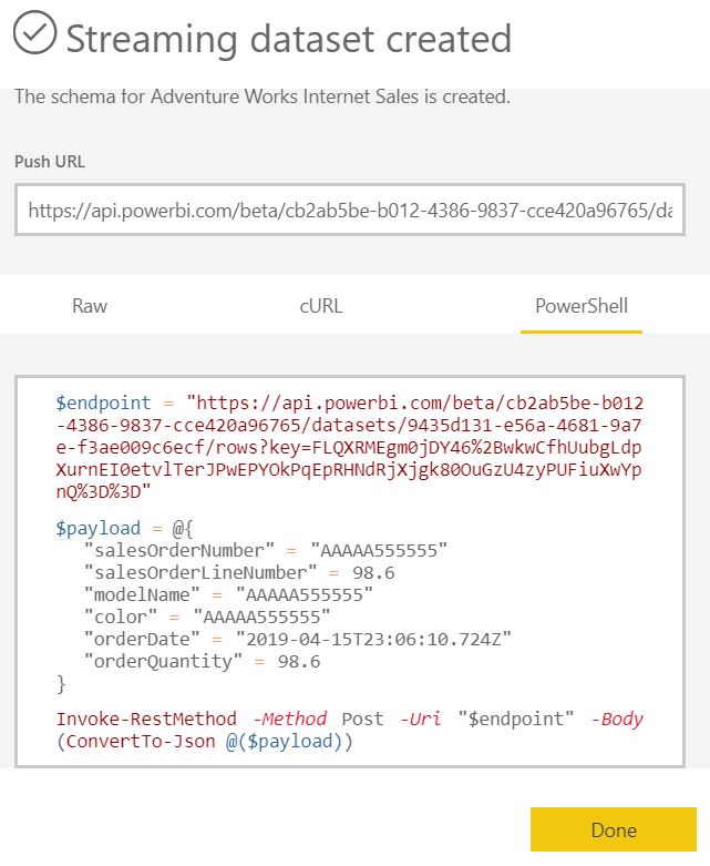 Power BI Streaming Dataset Created