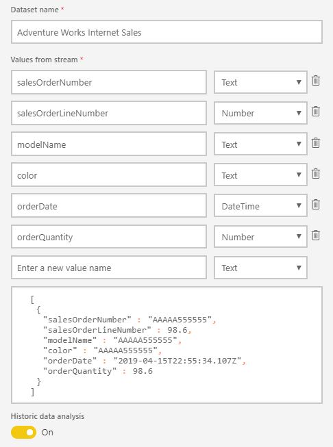 Power BI Streaming Dataset Fields