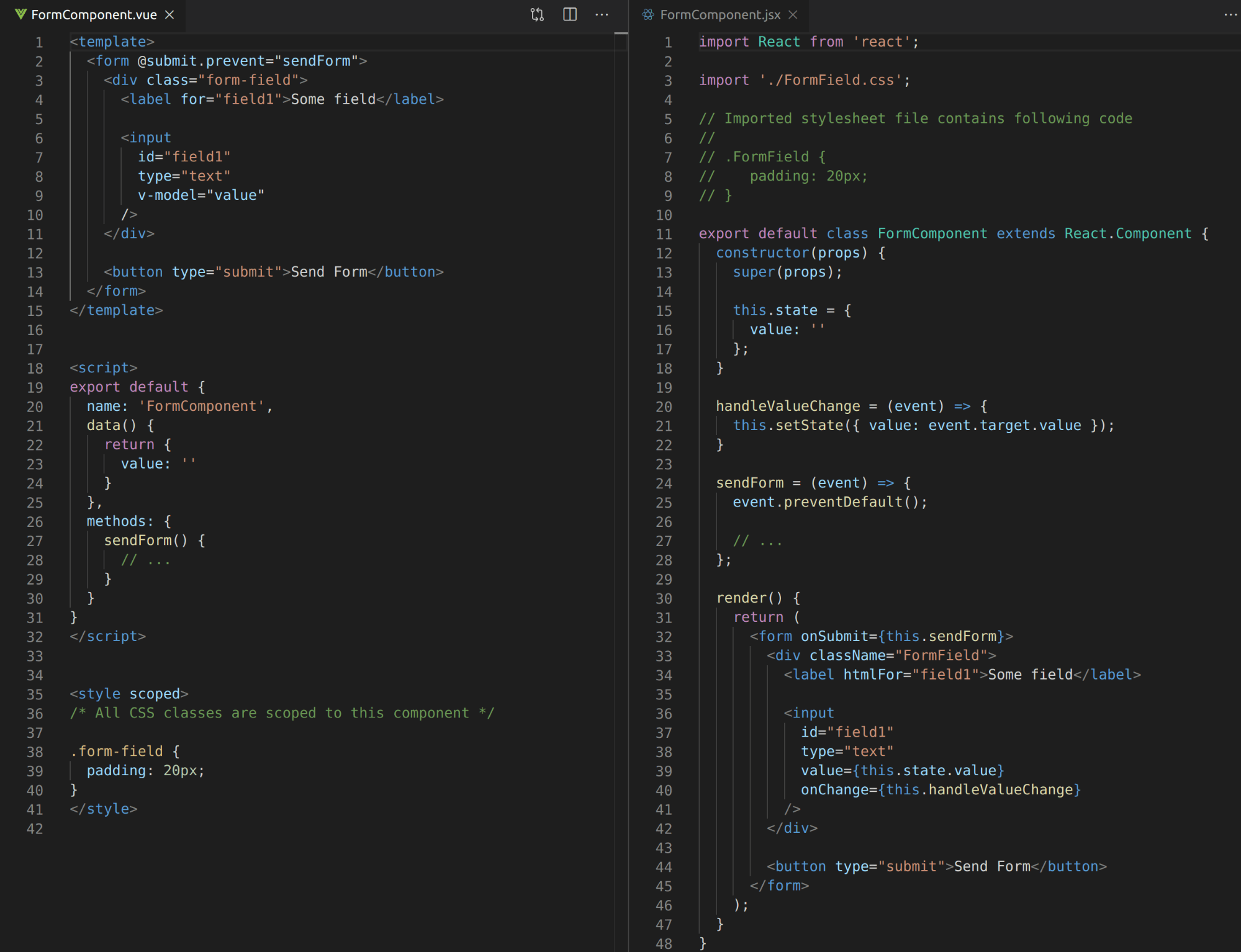 Vue vs React Sample of component structure written with Vue and React