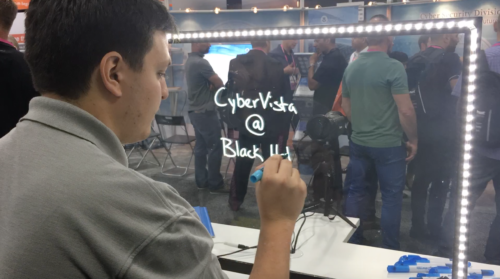 CyberVista Marketing Manager, Joe O'Neill, shows off the lightboard at Black Hat 2016