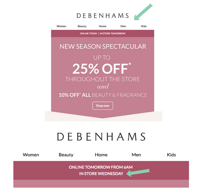 Debenhams promoting instore sale via dynamic content in email marketing 