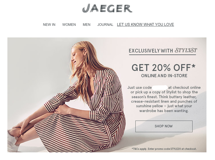 Jaeger email marketing promoting online and in-store sale 
