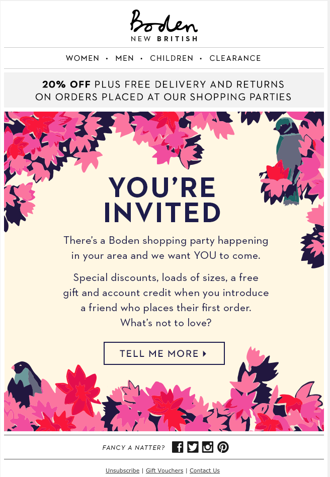 Boden marketing email promoting in-store event 