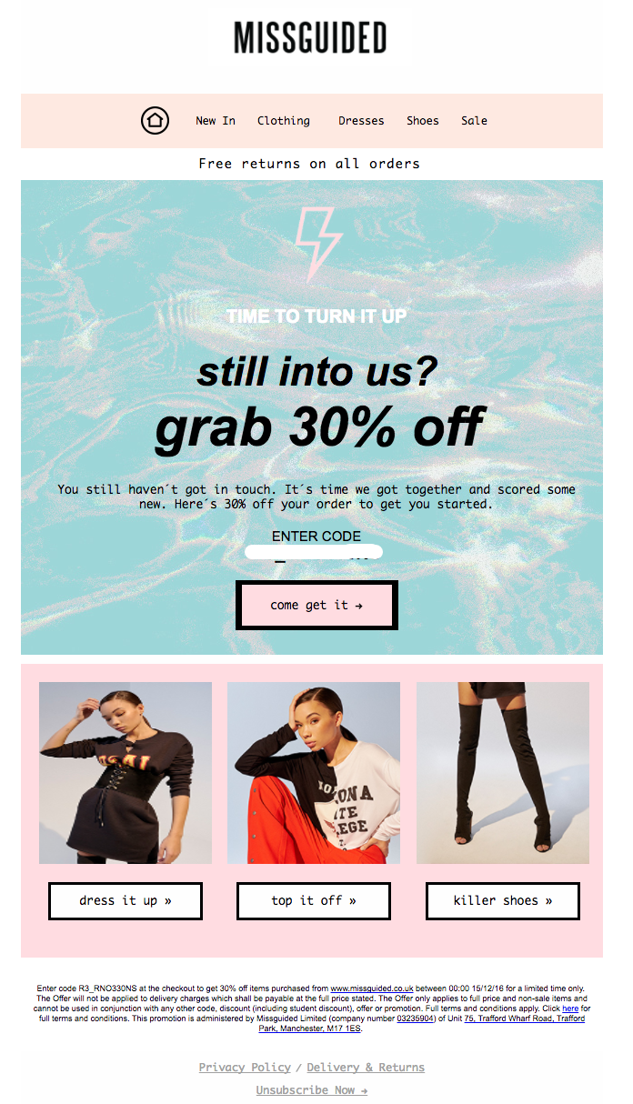 win back email campaign example_ Missguided. 
