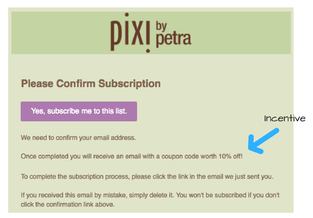Pixi incentive included in double opt-in email 