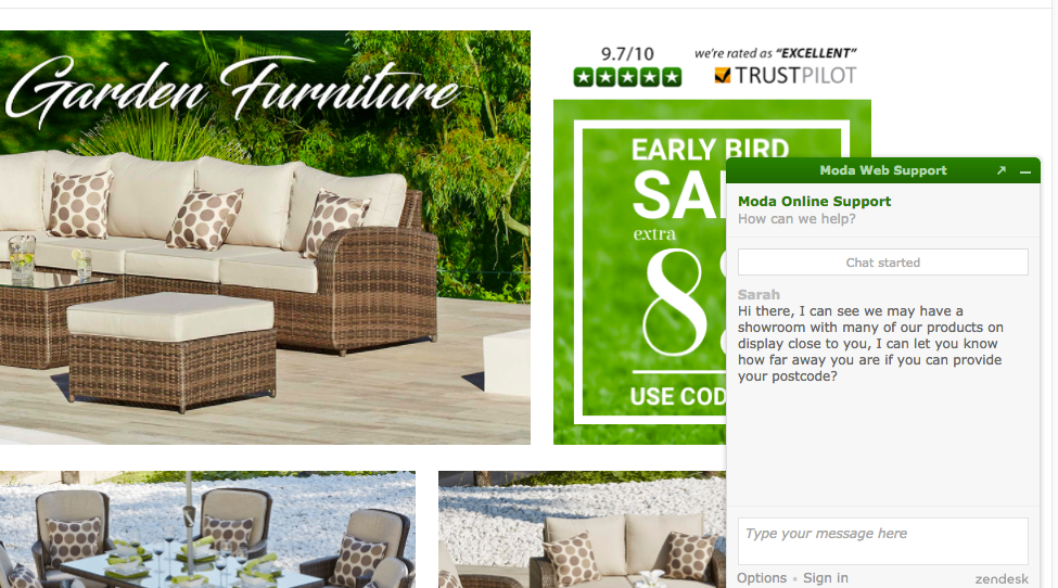 Moda Furnishings live chat onsite to establish geographic data 