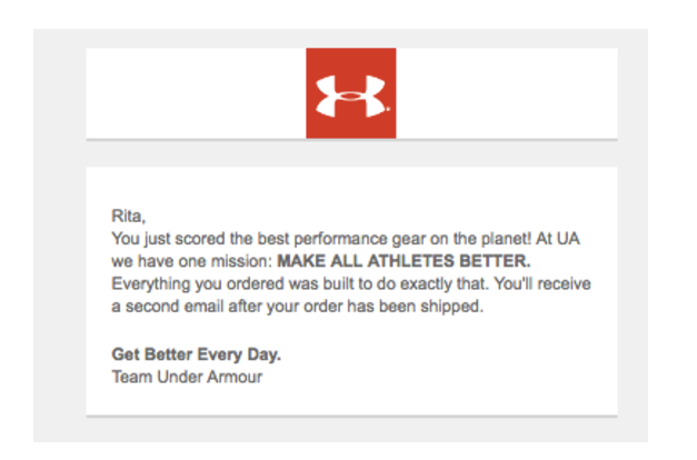 Under Armour order confirmatione mail 