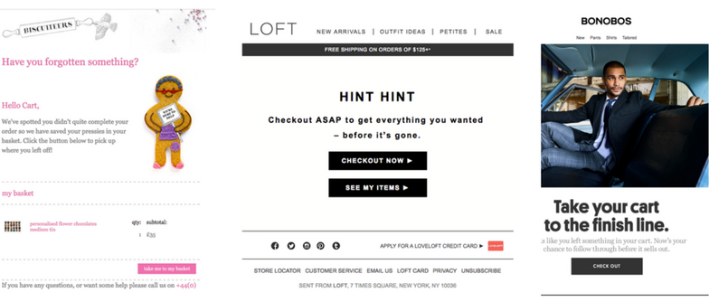 examples of cart abandonment emails ecommerce