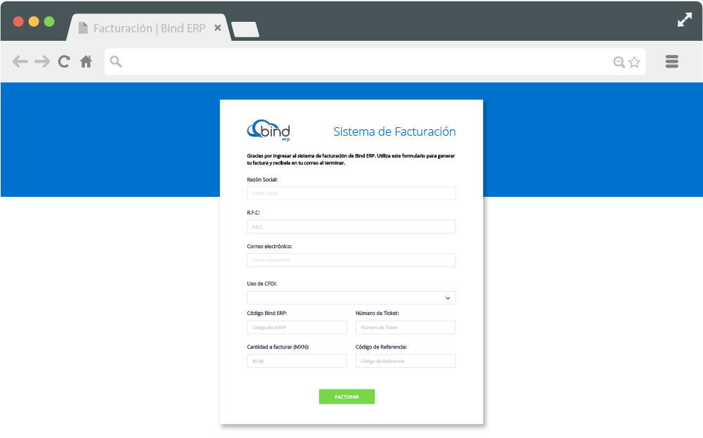 Pantalla de Bind ERP para realizar facturas electrónicas 24/7.