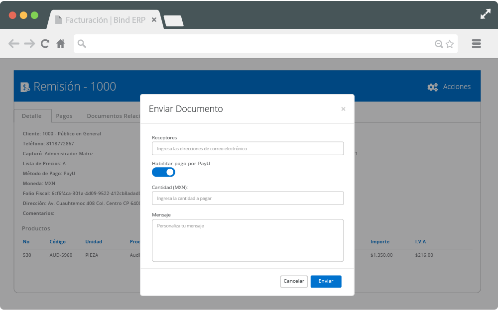 Pantalla de Bind ERP para enviar solicitudes de pago por medio de PayU.