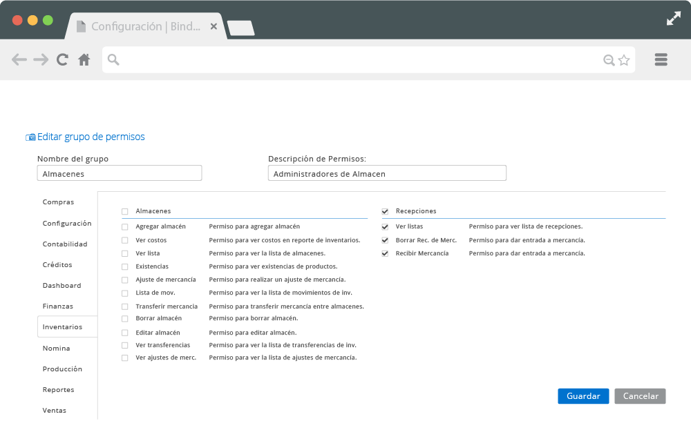 Pantalla de Bind ERP para seleccionar permisos de modificaciones.
